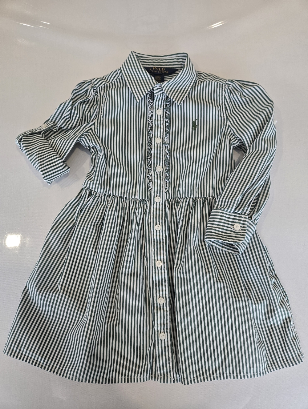 Polo by Ralph Lauren Green/White Striped Button-Front Ruffle Placket Dress 3T